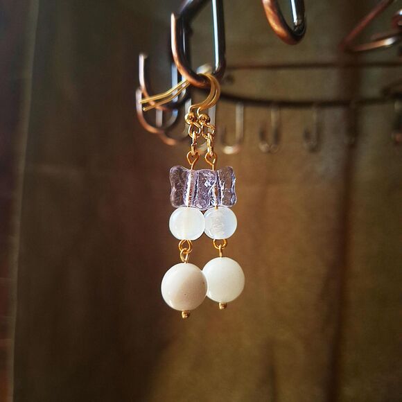 Fairycore Butterfly Glass & White Chalcedony Drop Earrings – 24k Gold Plated - Picture 2 of 9